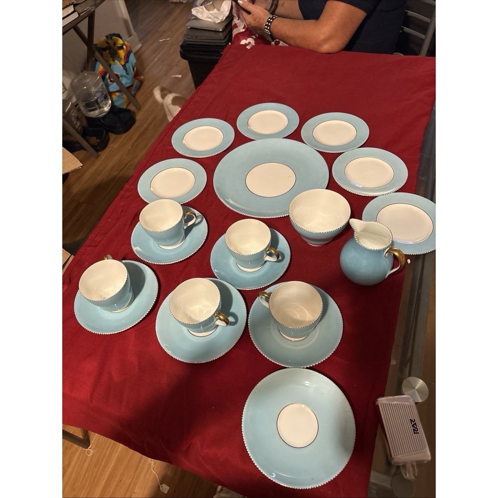 Wedgwood W4143 Sky Blue Gold Beaded Tea Set Fine Bone China England - 20 Pcs